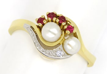 Foto 1 - Damenring Perlen und Top Rubine und Diamant in Gelbgold, Q1348