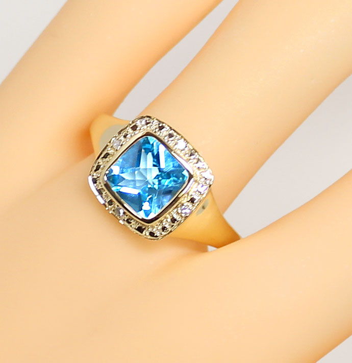 Foto 5 - Diamantring mit blauem Topas im Kissenschliff, Gelbgold, R7631